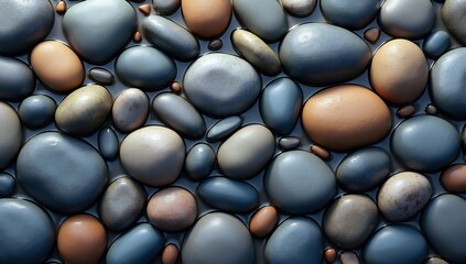 Close-up view of a collection of smooth colorful river stones creating a natural texture.