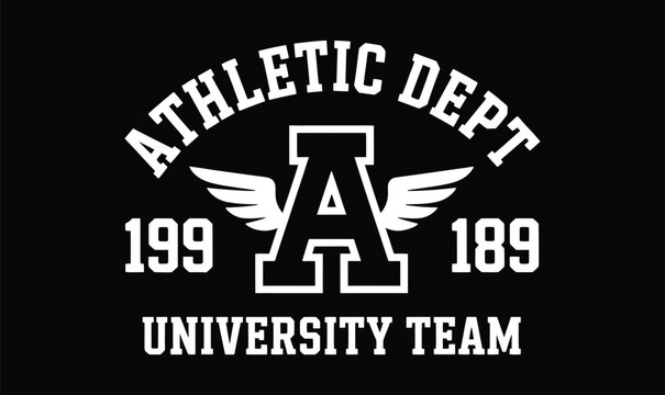 University Athletic Dept Emblem with Winged Letter A and Vintage Typography on Black Background for Sports Apparel