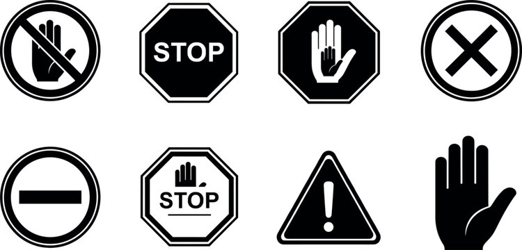 Minimal black prohibition and stop sign icon set featuring no entry warning hand halt danger restriction and safety symbols