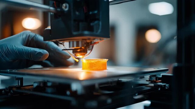 Specialist adjusting resin curing parameters for smooth surface finish in a 3D resin printer under bright workshop lighting