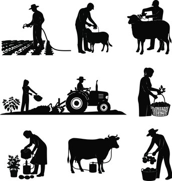 Agriculture and Farming Silhouettes Set with Farmers Gardening, Shearing Sheep, Milking Cows, and Driving Tractors