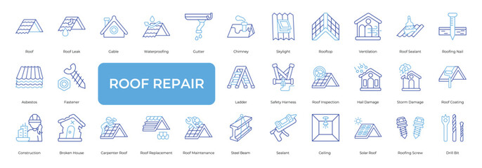 Roof Repair Icon set Collection in Line Two Color Style. repair, maintenance, leak, waterproofing, carpenter, inspection