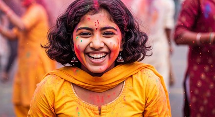 Obraz premium Joyful Holi Festival Celebration with Vibrant Colors and Happy People in a Fun Atmosphere.