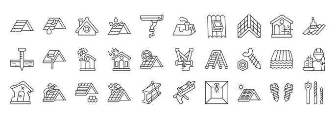 Roof Repair Icon set Collection in Line Style. repair, maintenance, leak, waterproofing, carpenter, inspection