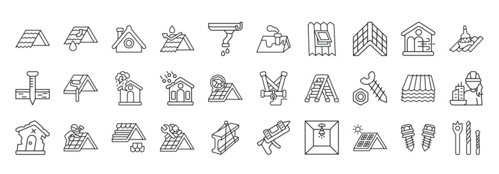 Roof Repair Icon set Collection in Line Style. repair, maintenance, leak, waterproofing, carpenter, inspection