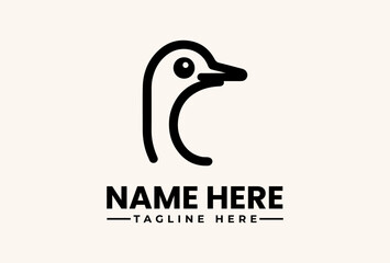 A minimalist vector illustration of a duck's head logo with a placeholder name and tagline on a clean white background.