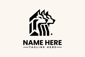 Black and white geometric wolf logo illustration with sharp lines and abstract design on a clean background, featuring placeholder text for a company name and tagline. © vectorvovdesign