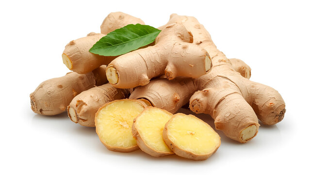 A high-quality product-style photo features neatly stacked fresh ginger roots showcasing their natural light brown skin and knobby texture. In front, several ginger slices reveal a pale yellow interio