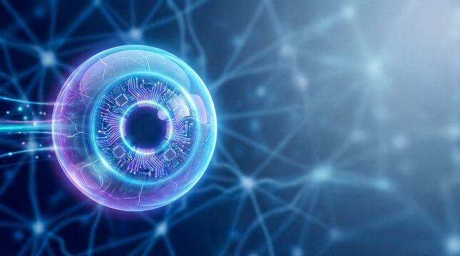 Abstract bionic eye with glowing electric iris technology future artificial intelligence human vision background copy space medicine innovation cyber