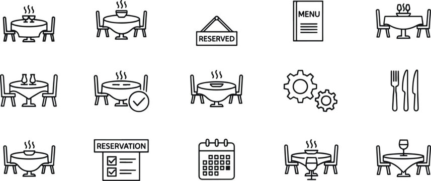 Restaurant Table Reservation and Fine Dining Hospitality Line Icon Set