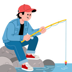 Cartoon sports enthusiast boy who loves fishing