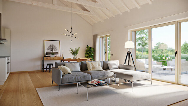 Modern living room with gray sofa and large windows and natural light