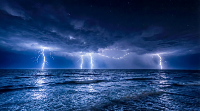 Lightning strikes over dark ocean at night storm weather nature background energy power electricity copy space sea water wilderness horizon