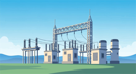 Fototapeta premium Pixel art substation with towers, insulators, and wires under a sky
