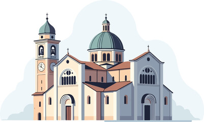 Fototapeta premium Pixelated illustration of a domed cathedral with a bell tower and clock