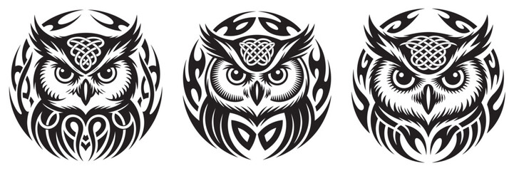 Obraz premium Tribal Owl Tattoo Designs Collection Set of Three Circular Graphics.