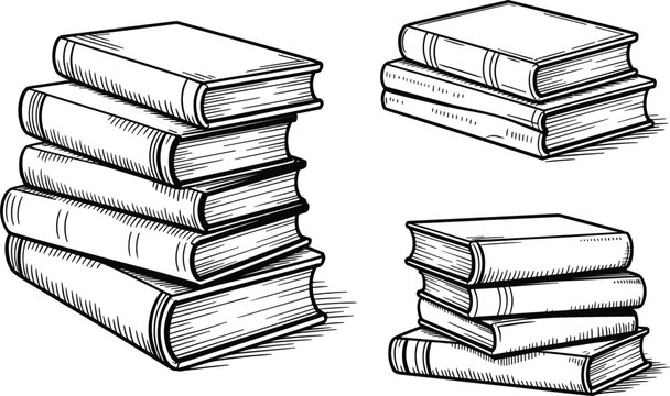 Vintage hand drawn stack of old books vector illustration, antique library and education sketches set
