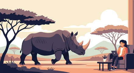 Fototapeta premium Person working on laptop in an armchair with a rhino walking outdoors