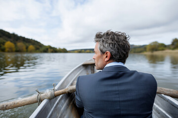 Fototapeta premium Close up, Businessman in small boat on lake looking down