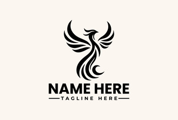 Fototapeta premium A stylized illustration of a phoenix bird logo with bold lines and curves on a clean white background, featuring placeholder text for a company name and tagline.