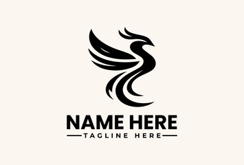 Fototapeta premium Black and white illustration of a stylized bird logo with flowing lines, accompanied by a 'NAME HERE' and 'TAGLINE HERE' text on a beige background, showcasing a modern pictogram design.