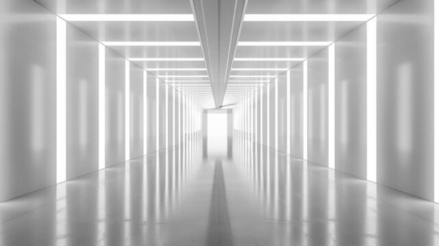 Abstract view of a futuristic white tunnel interior with smooth, White futuristic corridor tunnel with octagonal walls glowing panels leading,
Futuristic tunnel with glowing lights 