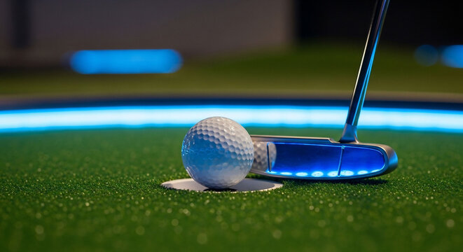 Miniature Golf Ball and Putter Close Up on Green Surface.