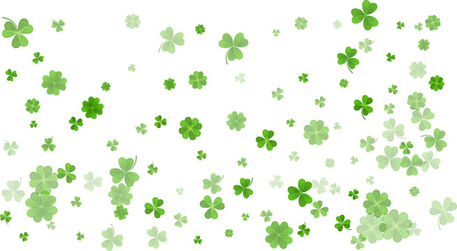 Green White St. Patricks Day bg. Flying clover leaves. Clover leaf as a symbol of good luck, traditional holiday of Ireland, beer festival. Vector background Illustration.