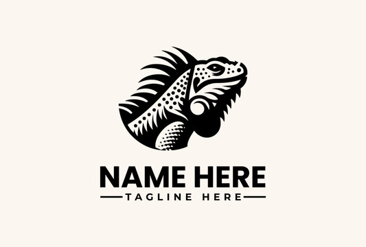 Black and white illustration of an iguana head logo with placeholder text on a beige background, featuring a vector-style design.