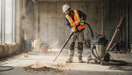 Construction Worker Cleaning Dust with Industrial Vacuum in Building Interior. Safety Gear, Protective Clothing & Renovation Project: Focus, Grit, and Hard Work
