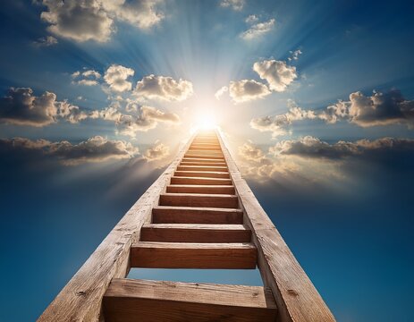 a wooden ladder extends upwards into a cloudy sky its top disappearing into bright sunlight symbolizing aspirations and the path to success