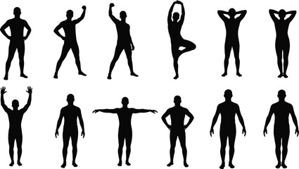 Fototapeta premium PrintSet of athletic human body silhouettes, male figures in fitness poses, yoga stretches, and anatomical standing positions for health and wellness design