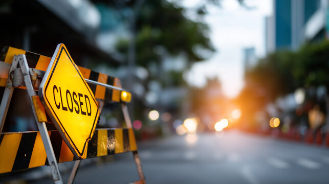Road closed sign and barriers blocking street access, construction zone restriction, traffic prohibition, road closure, work area access control, complete street blockage, detour r