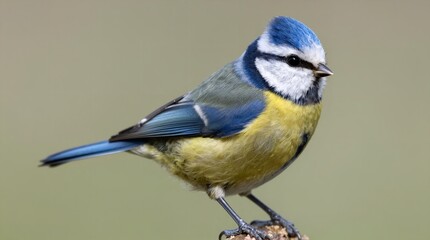 Obraz premium A small blue and yellow bird perched on a branch against a blurred background