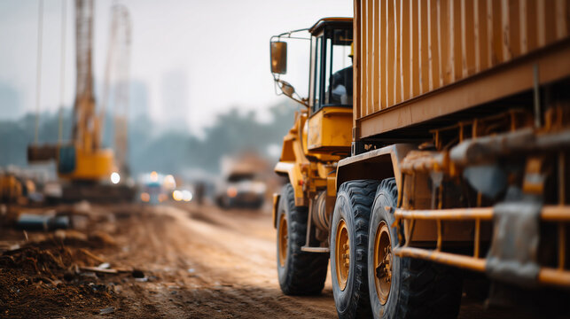 Close-up of heavy truck carrying shipping container driving through muddy construction zone with industrial equipment visible in background, construction logistics, material transp