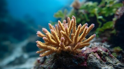A close up view of a vibrant branching coral colony in its natural underwater marine environment