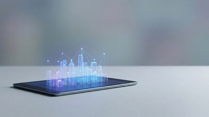 Fototapeta premium Digital tablet displays a holographic wireframe cityscape with connected data points floating above the screen surface in a bright setting.