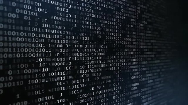 Dark blue binary code flowing in perspective, futuristic cybersecurity and big data background, digital network technology concept for AI, blockchain and programming visuals.