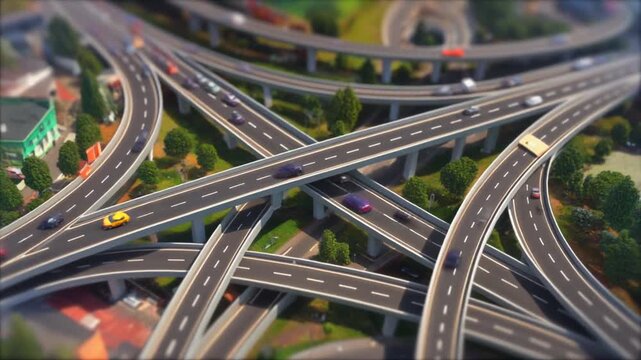 Aerial view of a complex highway interchange with cars and trucks moving on multiple levels.