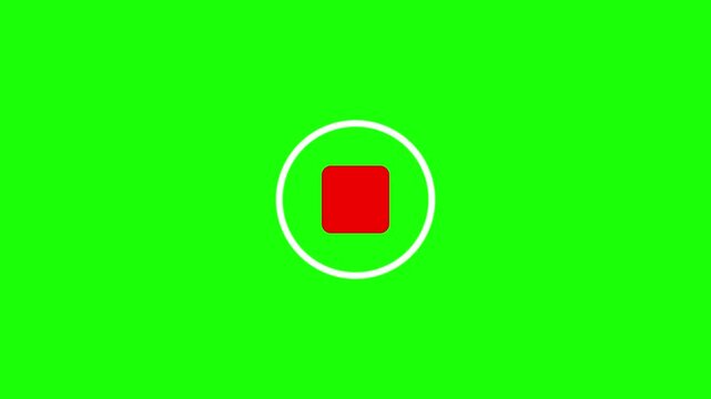Animated red button start recording and stop, play and pause button, green background, 4k video