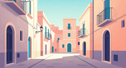 Fototapeta premium Pixelated Mediterranean street with pastel buildings and blue doors