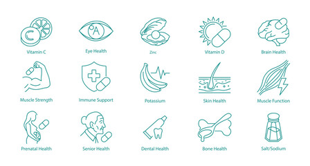 Fototapeta premium Medical, Skin Care, and Body Function Vector Line Symbols