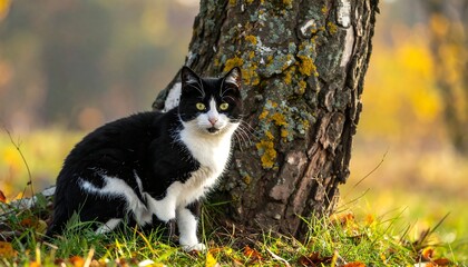 Black and white cat resting by a birch tree in autumn.
