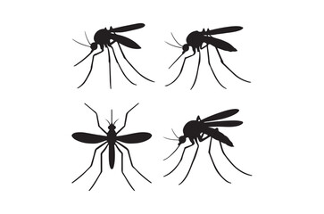 Silhouettes of four mosquitos in varying poses depict the common insect in black and white