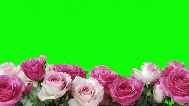 Pink roses moving on green screen background. Rose flower field animated Chroma key. Valentine's day background concept. Chroma key