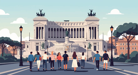 Obraz premium People stroll past grand architecture under a cloudy sky