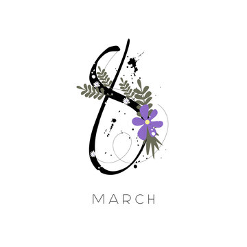 An elegant card design for International Women's Day, March 8th. It features a calligraphic number 8 and a floral arrangement around it. The design is isolated on a white background