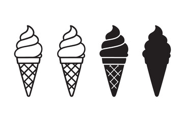 Four black and white illustrations of ice cream cones with varying shades and styles