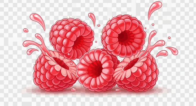 Five vibrant, juicy, and freshly bursting raspberries with splashing pink juice drops creating a dynamic composition on transparent background