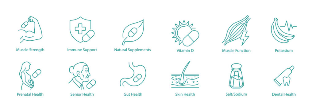 Natural Supplements and Body Care Icons. Vector Symbols for Vitamin D, Salt, and Digestion.